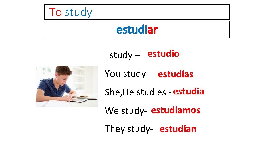 To study estudiar I study – estudio You study – estudias She, He studies