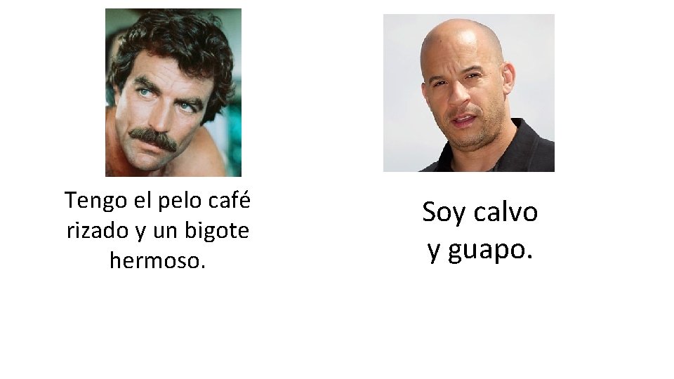 Tengo el pelo café rizado y un bigote hermoso. Soy calvo y guapo. 