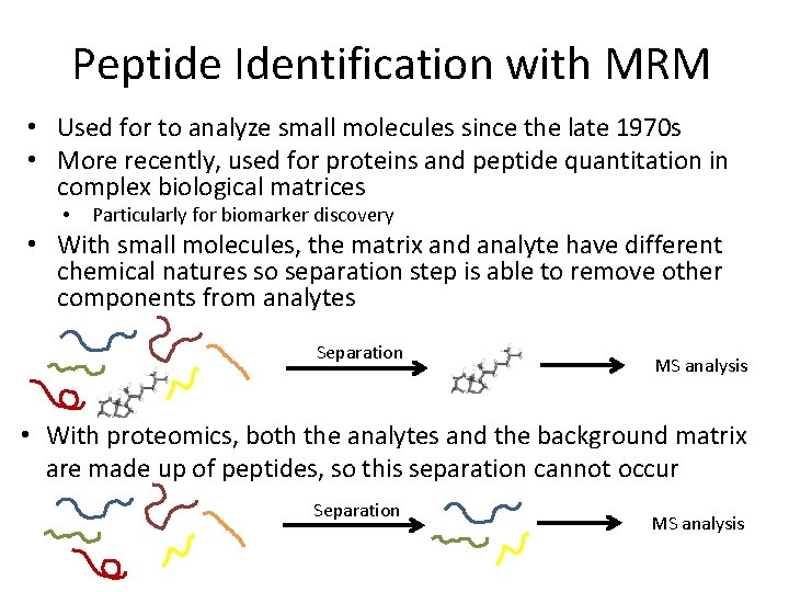Peptide Identification with MRM • Used for to analyze small molecules since the late