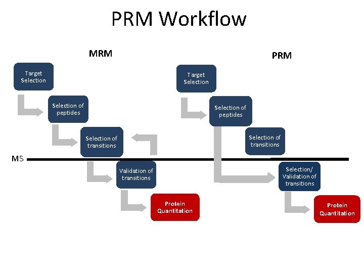 PRM Workflow MRM PRM Target Selection of peptides Selection of transitions MS Selection/ Validation