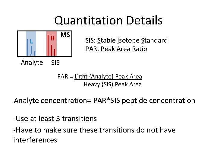Quantitation Details L Analyte H MS SIS: Stable Isotope Standard PAR: Peak Area Ratio