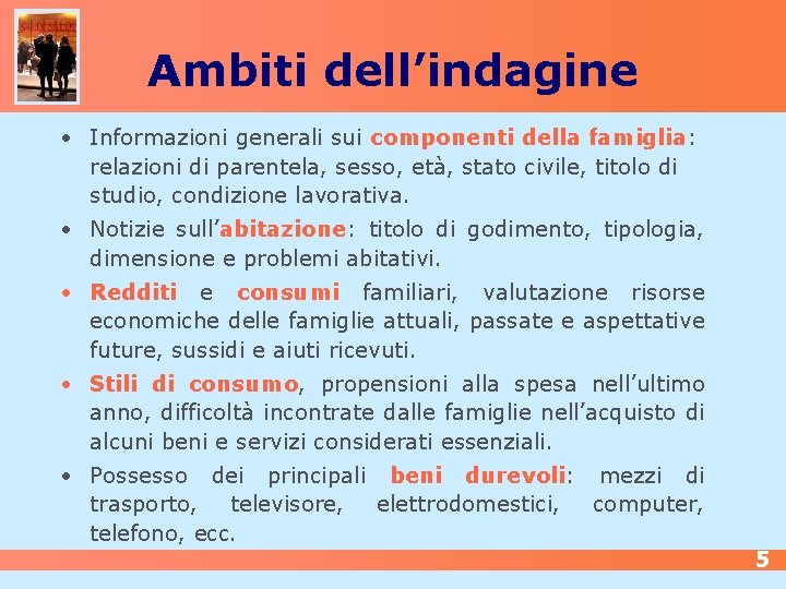 Ambiti dell’indagine • Informazioni generali sui componenti della famiglia: relazioni di parentela, sesso, età,