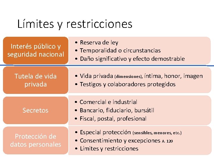 Límites y restricciones Interés público y seguridad nacional Tutela de vida privada Secretos Protección