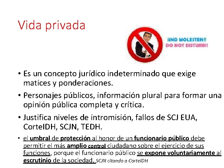 Vida privada • Es un concepto jurídico indeterminado que exige matices y ponderaciones. •