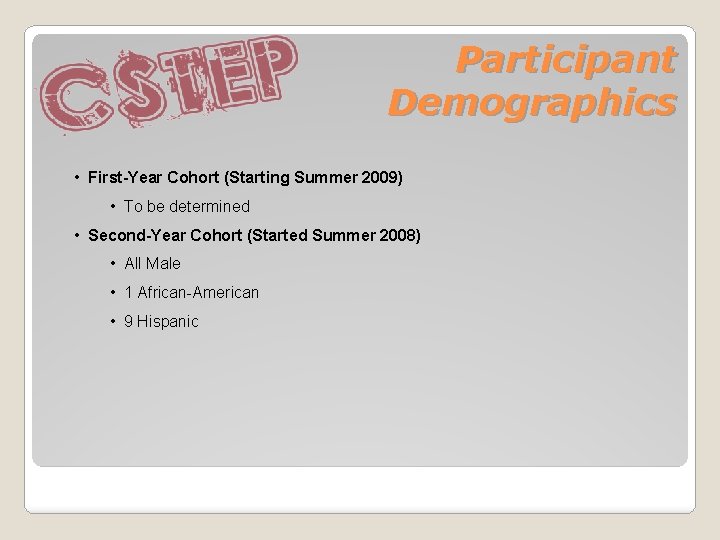 Participant Demographics • First-Year Cohort (Starting Summer 2009) • To be determined • Second-Year