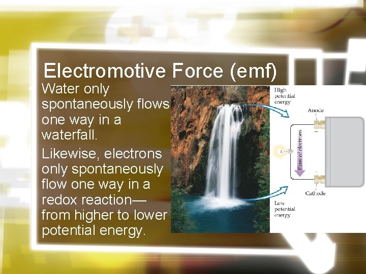 Electromotive Force (emf) • Water only spontaneously flows one way in a waterfall. • Electromotive Force (emf) • Water only spontaneously flows one way in a waterfall. •