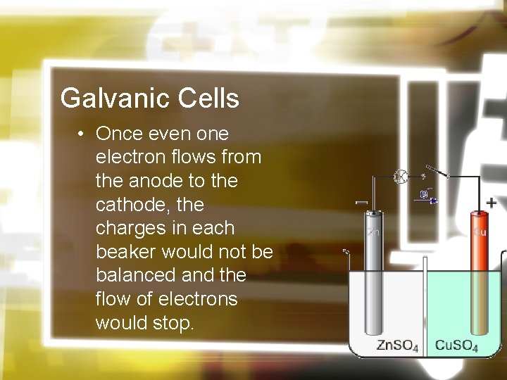 Galvanic Cells • Once even one electron flows from the anode to the cathode,