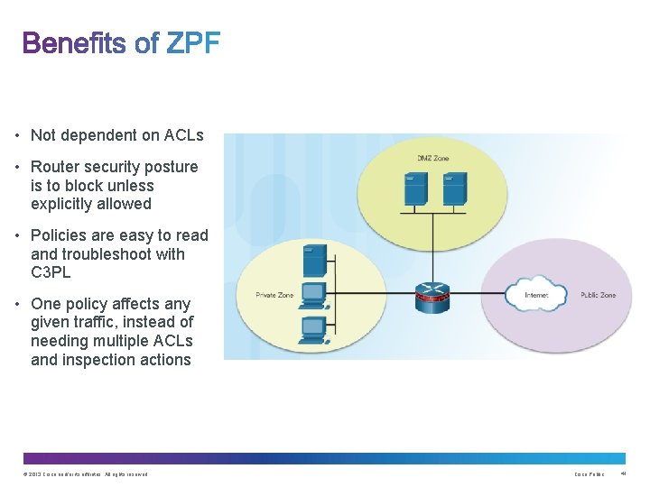  • Not dependent on ACLs • Router security posture is to block unless