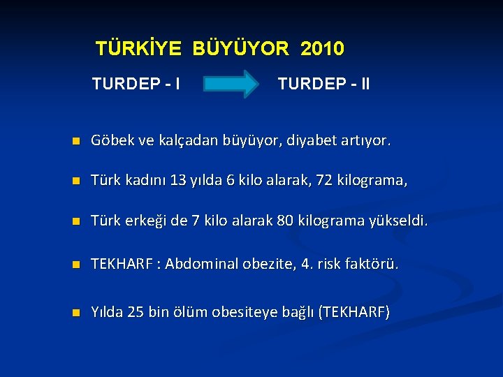 TÜRKİYE BÜYÜYOR 2010 TURDEP - II n Göbek ve kalçadan büyüyor, diyabet artıyor. n