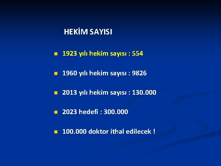 HEKİM SAYISI n 1923 yılı hekim sayısı : 554 n 1960 yılı hekim sayısı