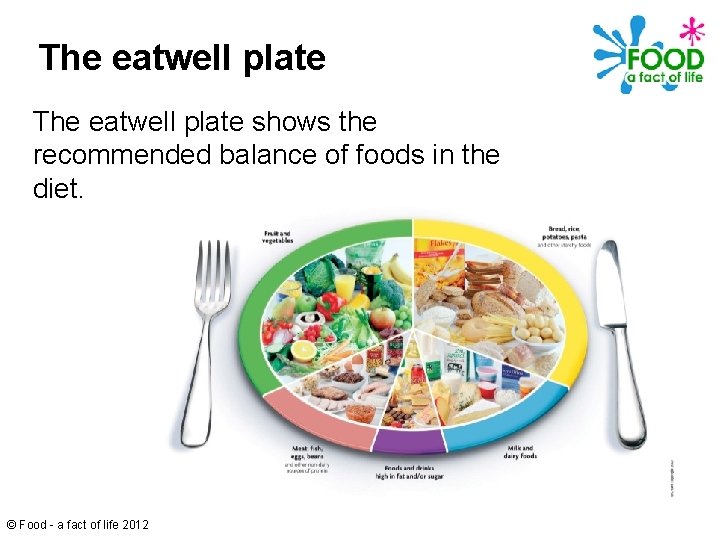 The eatwell plate shows the recommended balance of foods in the diet. © Food