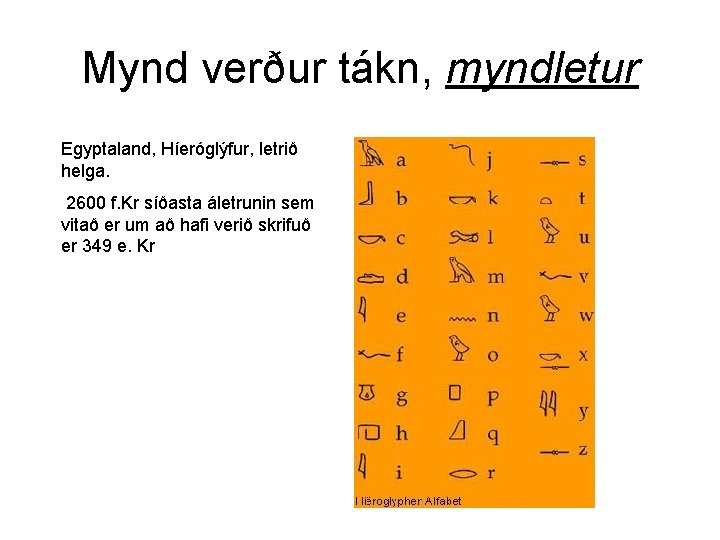 Mynd verður tákn, myndletur Egyptaland, Híeróglýfur, letrið helga. 2600 f. Kr síðasta áletrunin sem