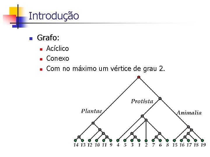 Introdução n Grafo: n n n Acíclico Conexo Com no máximo um vértice de