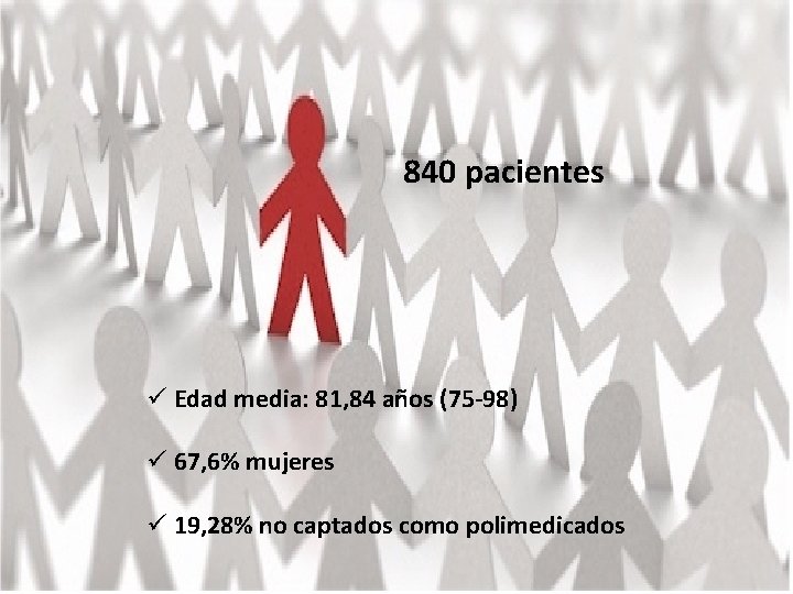 840 pacientes ü Edad media: 81, 84 años (75 -98) ü 67, 6% mujeres