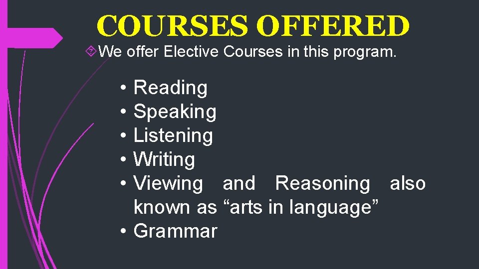 COURSES OFFERED We offer Elective Courses in this program. • • • Reading Speaking