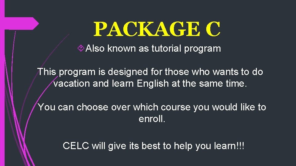 PACKAGE C Also known as tutorial program This program is designed for those who