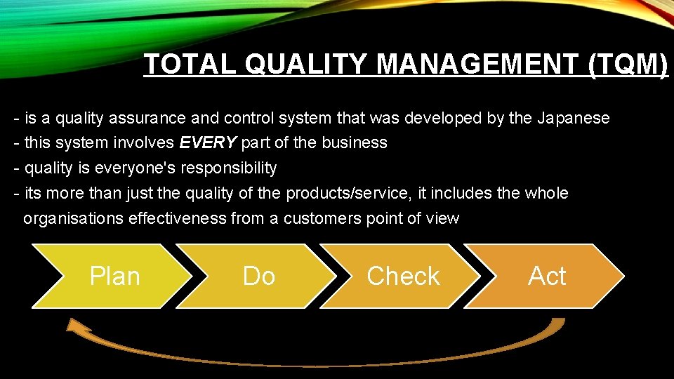 TOTAL QUALITY MANAGEMENT (TQM) - is a quality assurance and control system that was