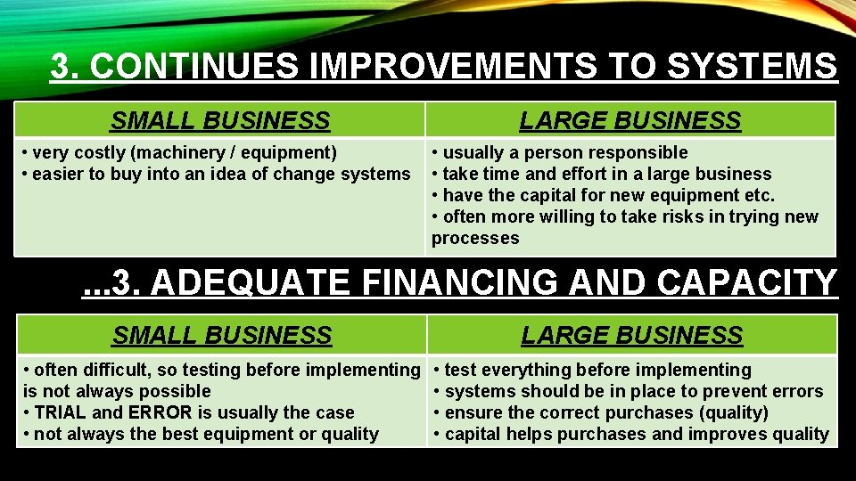 3. CONTINUES IMPROVEMENTS TO SYSTEMS SMALL BUSINESS LARGE BUSINESS • very costly (machinery /