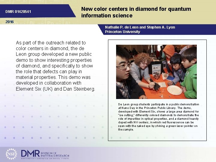 DMR 01420541 New color centers in diamond for quantum information science 2016 Nathalie P.