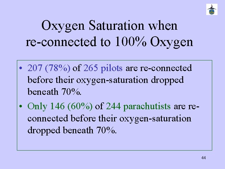 Oxygen Saturation when re-connected to 100% Oxygen • 207 (78%) of 265 pilots are