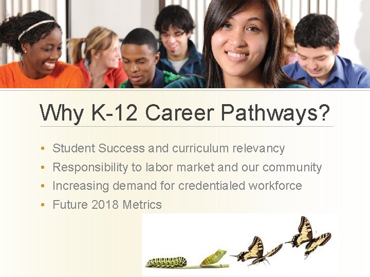 Why K-12 Career Pathways? • • Student Success and curriculum relevancy Responsibility to labor