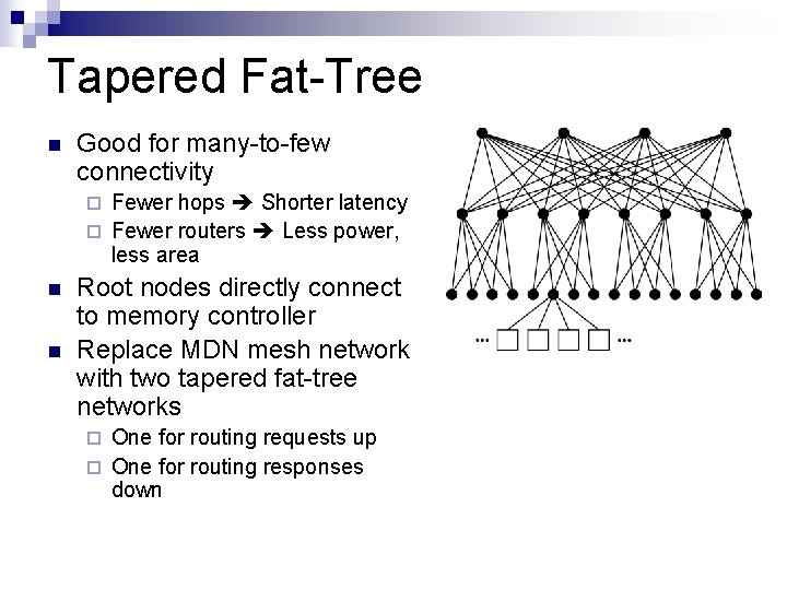 Tapered Fat-Tree n Good for many-to-few connectivity Fewer hops Shorter latency ¨ Fewer routers