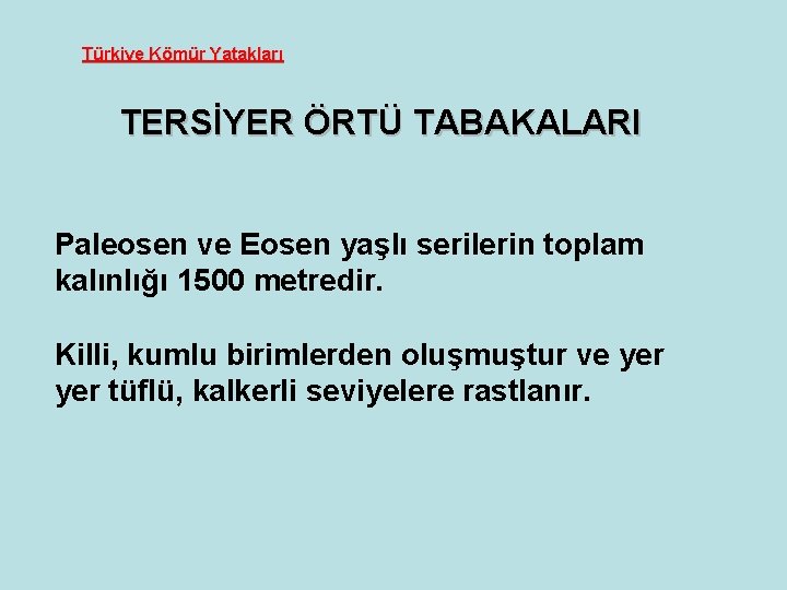 Türkiye Kömür Yatakları TERSİYER ÖRTÜ TABAKALARI Paleosen ve Eosen yaşlı serilerin toplam kalınlığı 1500