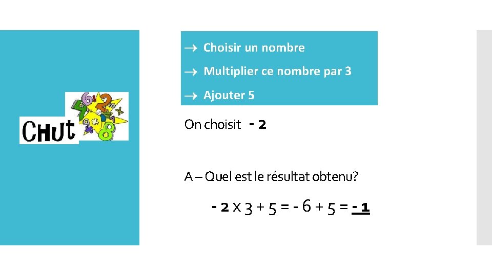  Choisir un nombre Multiplier ce nombre par 3 Ajouter 5 On choisit -2