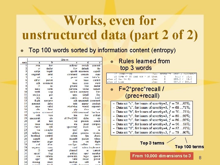 Works, even for unstructured data (part 2 of 2) l Top 100 words sorted