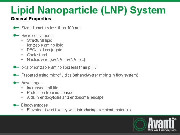 Lipid Nanoparticle (LNP) System General Properties Size: diameters less than 100 nm Basic constituents