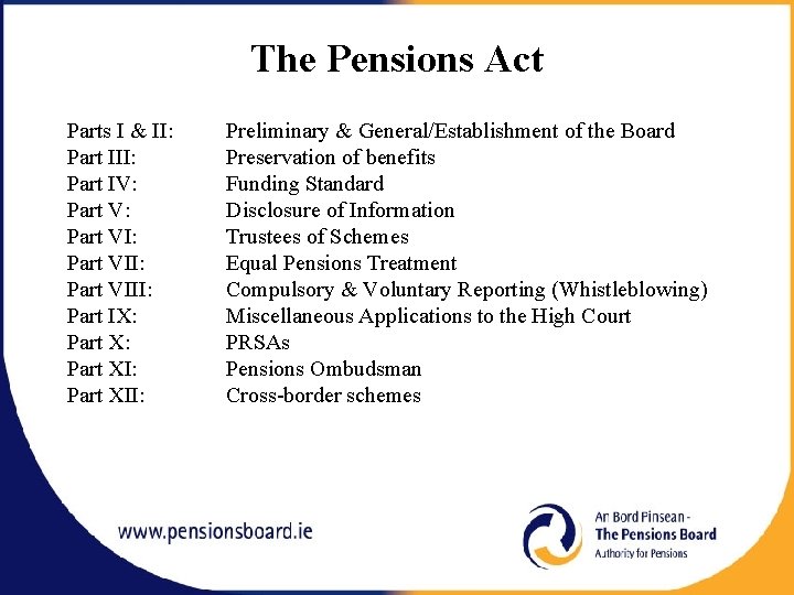 The Pensions Act Parts I & II: Part IV: Part VI: Part VIII: Part