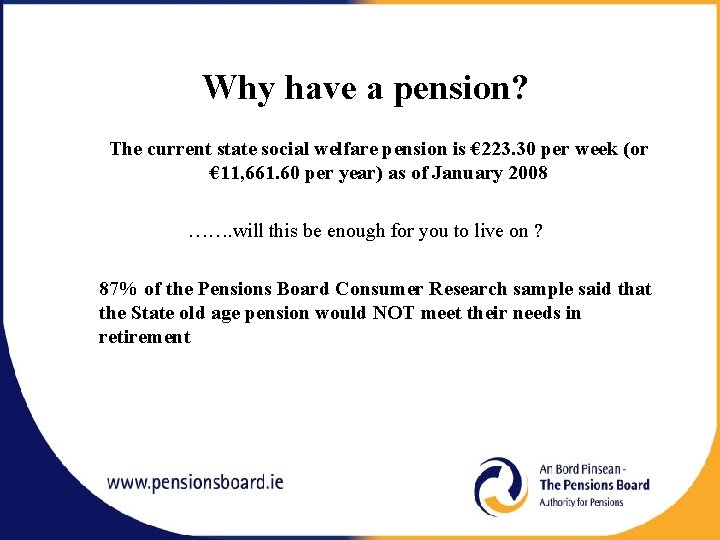 Why have a pension? The current state social welfare pension is € 223. 30