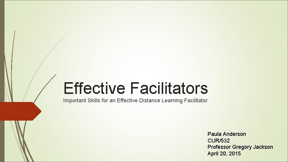 Effective Facilitators Important Skills for an Effective Distance Learning Facilitator Paula Anderson CUR/532 Professor