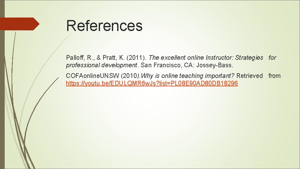 References Palloff, R. , & Pratt, K. (2011). The excellent online Instructor: Strategies for