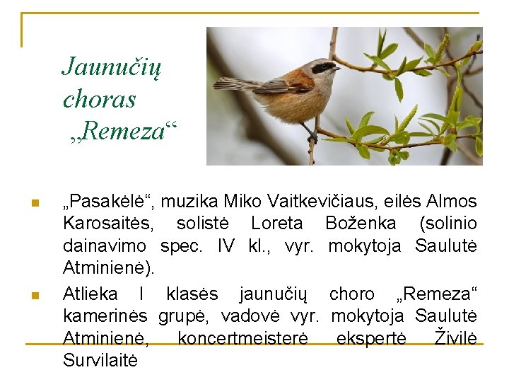 Jaunučių choras „Remeza“ n n „Pasakėlė“, muzika Miko Vaitkevičiaus, eilės Almos Karosaitės, solistė Loreta