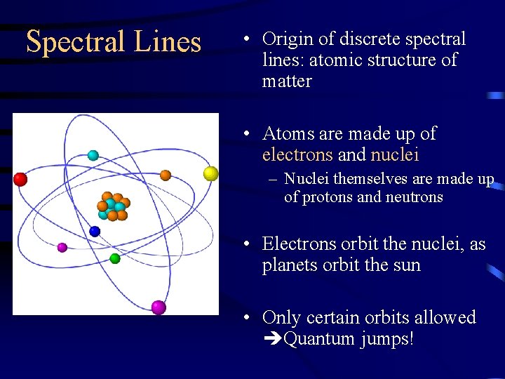 Spectral Lines • Origin of discrete spectral lines: atomic structure of matter • Atoms Spectral Lines • Origin of discrete spectral lines: atomic structure of matter • Atoms