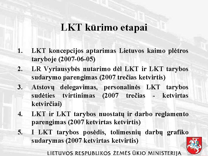 LKT kūrimo etapai 1. 2. 3. 4. 5. LKT koncepcijos aptarimas Lietuvos kaimo plėtros