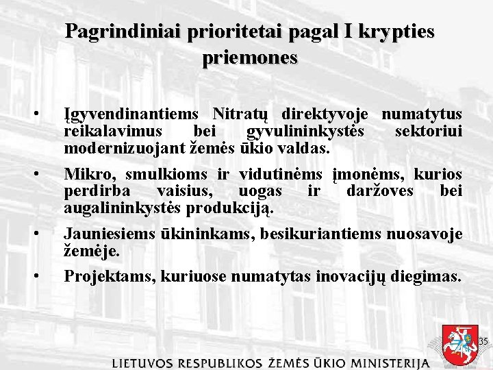 Pagrindiniai prioritetai pagal I krypties priemones • • Įgyvendinantiems Nitratų direktyvoje numatytus reikalavimus bei