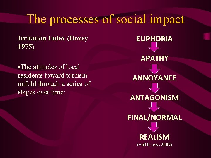 The processes of social impact Irritation Index (Doxey 1975) • The attitudes of local