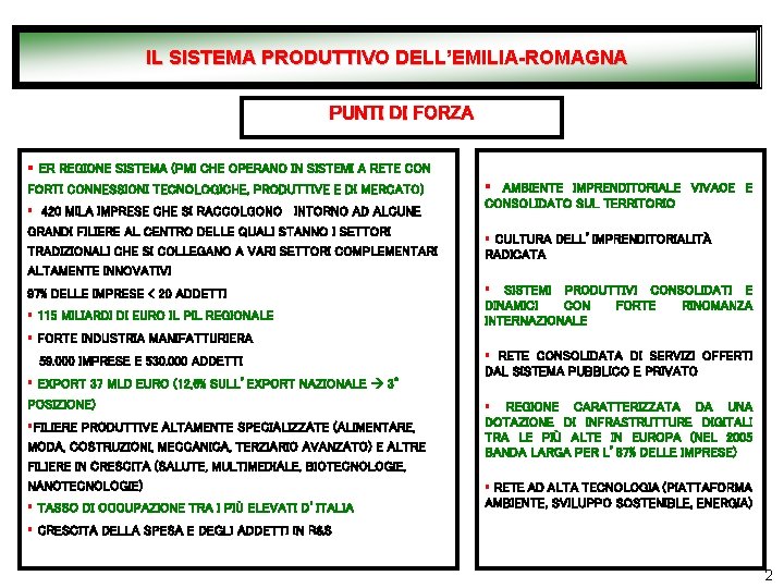 IL SISTEMA PRODUTTIVO DELL’EMILIA-ROMAGNA PUNTI DI FORZA § ER REGIONE SISTEMA (PMI CHE OPERANO