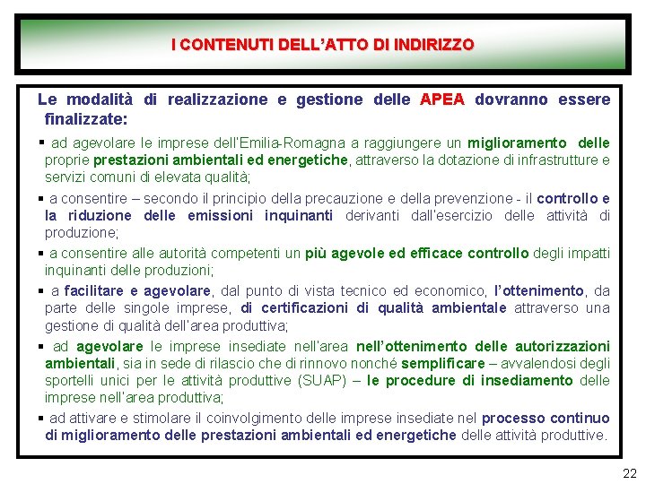 I CONTENUTI DELL’ATTO DI INDIRIZZO Le modalità di realizzazione e gestione delle APEA dovranno