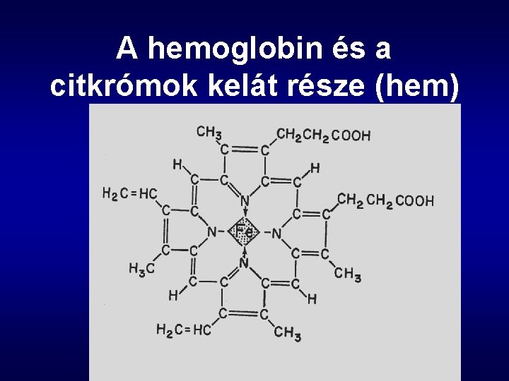 A hemoglobin és a citkrómok kelát része (hem) 