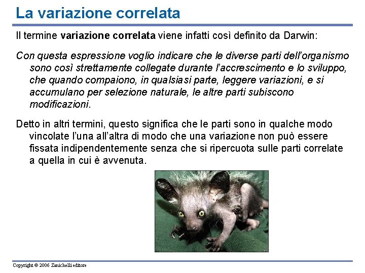 La variazione correlata Il termine variazione correlata viene infatti così definito da Darwin: Con