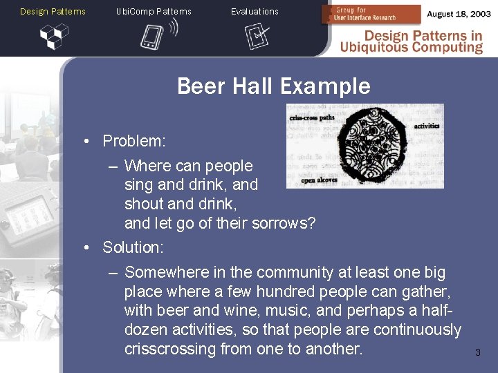 Design Patterns Ubi. Comp Patterns Evaluations Beer Hall Example • Problem: – Where can