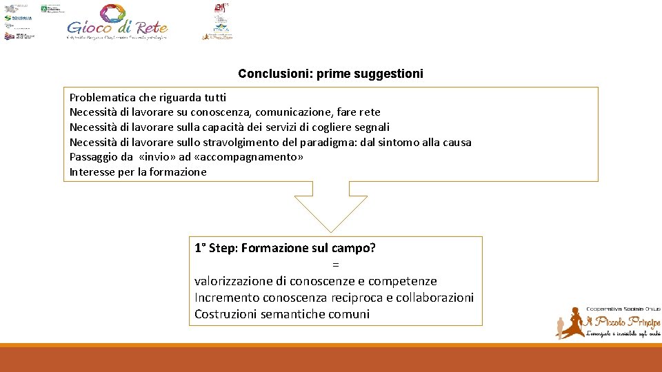 Conclusioni: prime suggestioni Problematica che riguarda tutti Necessità di lavorare su conoscenza, comunicazione, fare