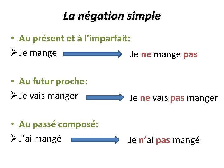 La négation simple • Au présent et à l’imparfait: Ø Je mange Je ne