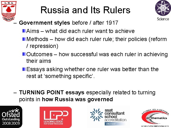 Russia and Its Rulers – Government styles before / after 1917 Aims – what