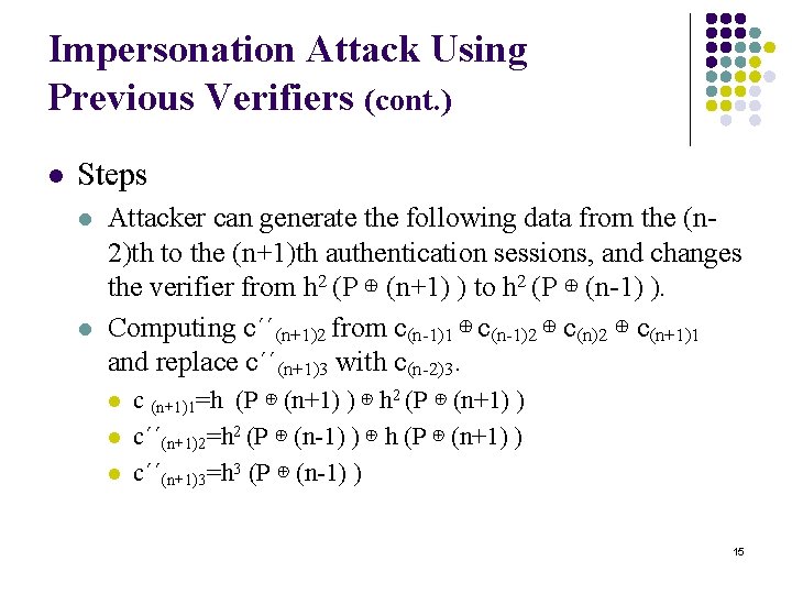 Impersonation Attack Using Previous Verifiers (cont. ) l Steps l l Attacker can generate