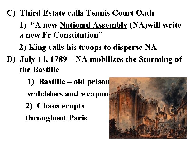 C) Third Estate calls Tennis Court Oath 1) “A new National Assembly (NA)will write