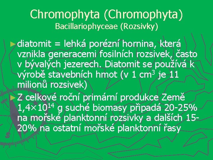 Chromophyta (Chromophyta) Bacillariophyceae (Rozsivky) ► diatomit = lehká porézní hornina, která vznikla generacemi fosilních